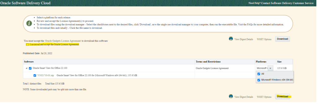 Remember to check the box to accept the Oracle License Agreement
