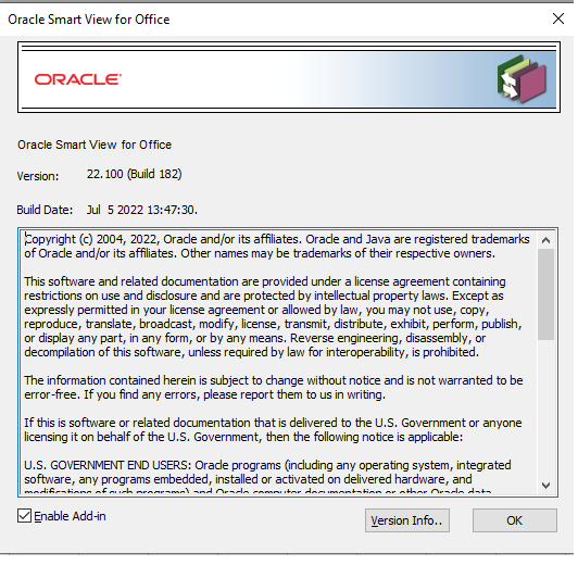 About Oracle Smart View for Office version 22.100 (Build 182)