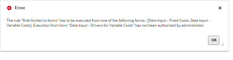 Form “Data Input – Drivers for Variable Costs”User Interfaceerrormessage (option “Run Before Save”)