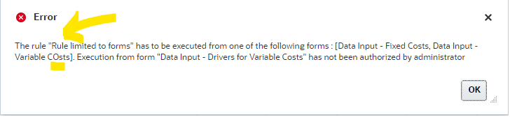 Form “Data Input – Drivers for Variable Costs”User Interfaceerrormessage (option “Run Before Save”) with intended typo in the Groovy rule